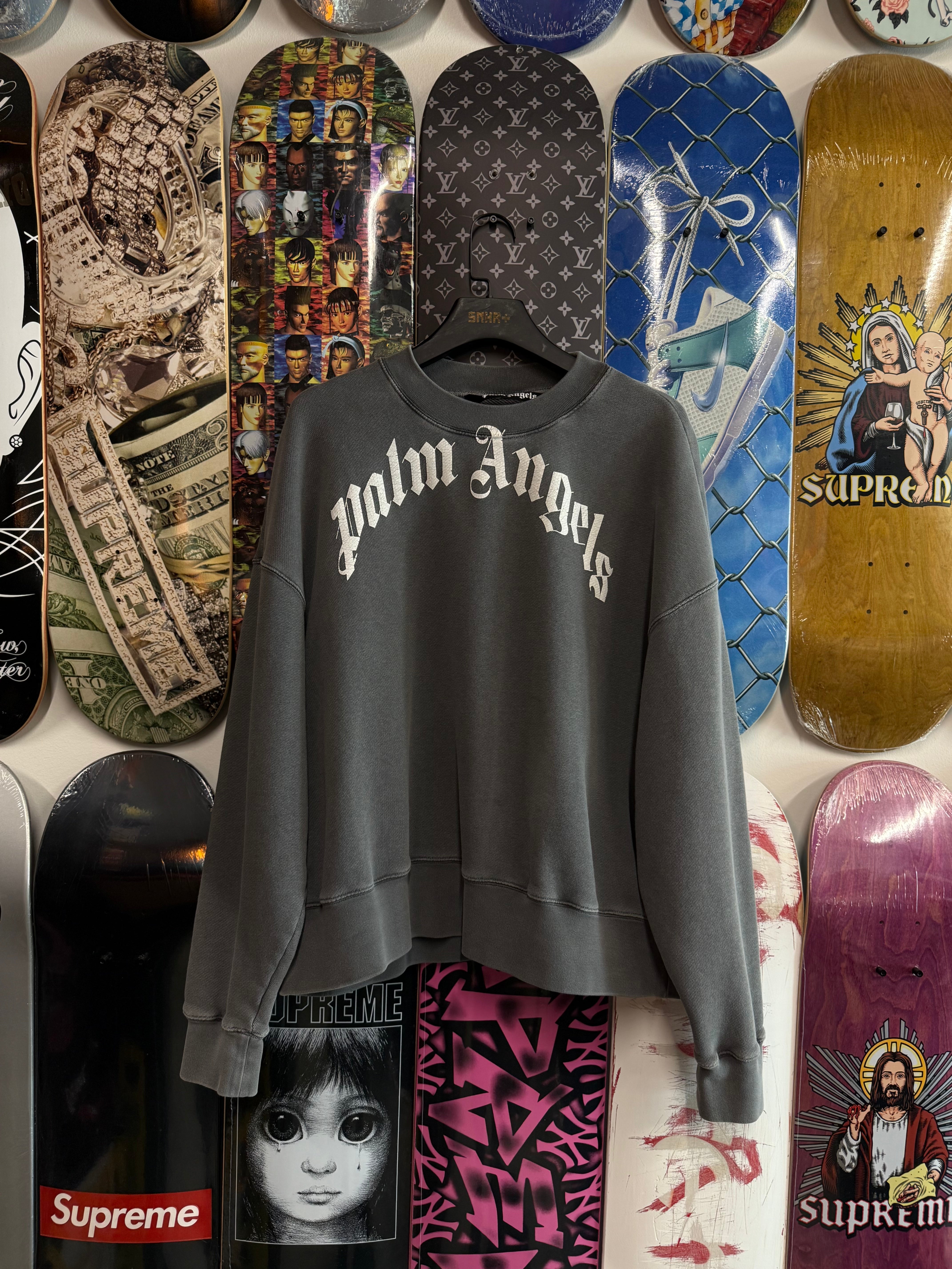 Palm Angels Curved Logo Crewneck Dark Grey/White (SS22) - Used/Worn