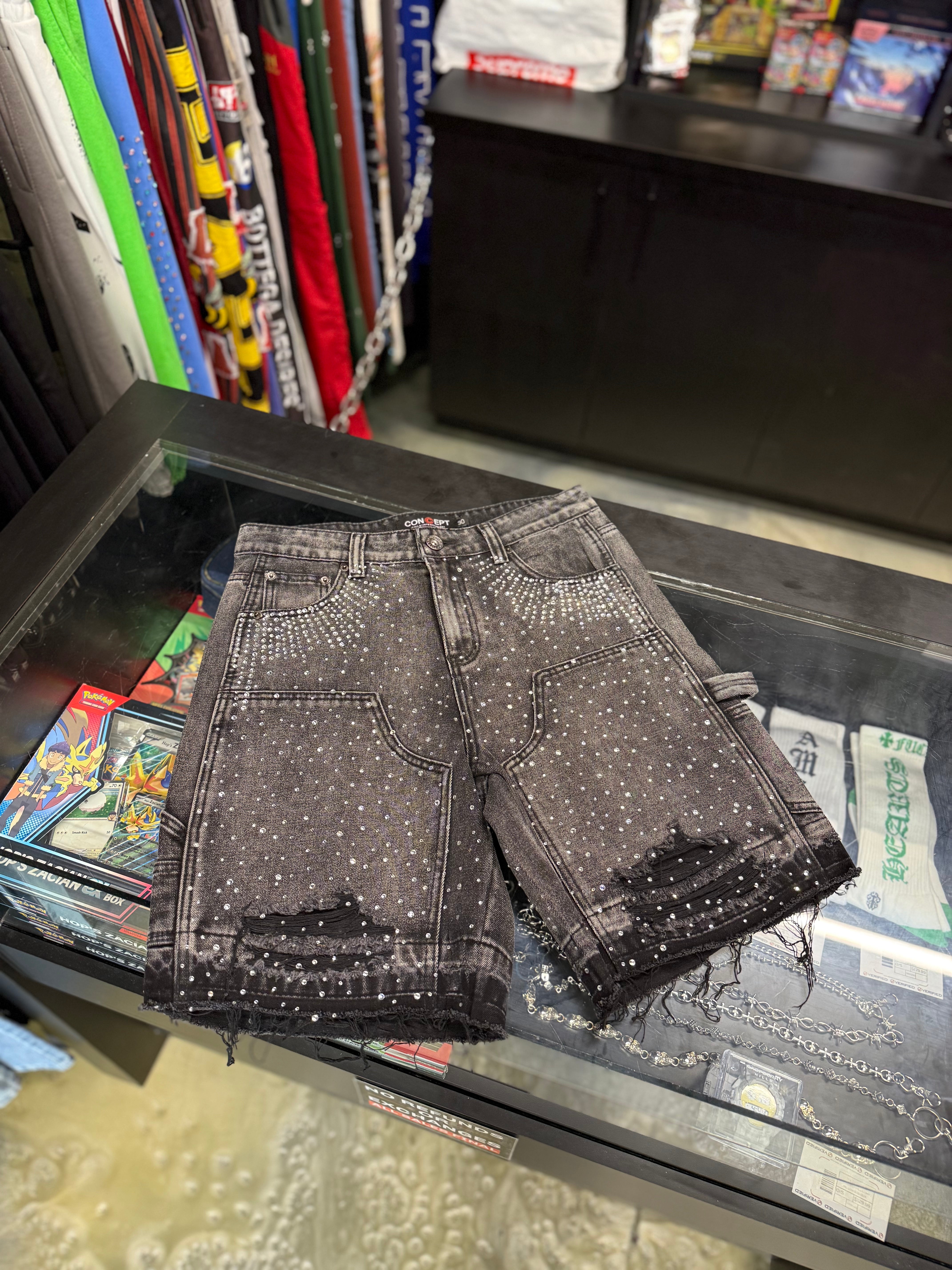 CONCEPT BLACK RHINESTONE DENIM SHORTS