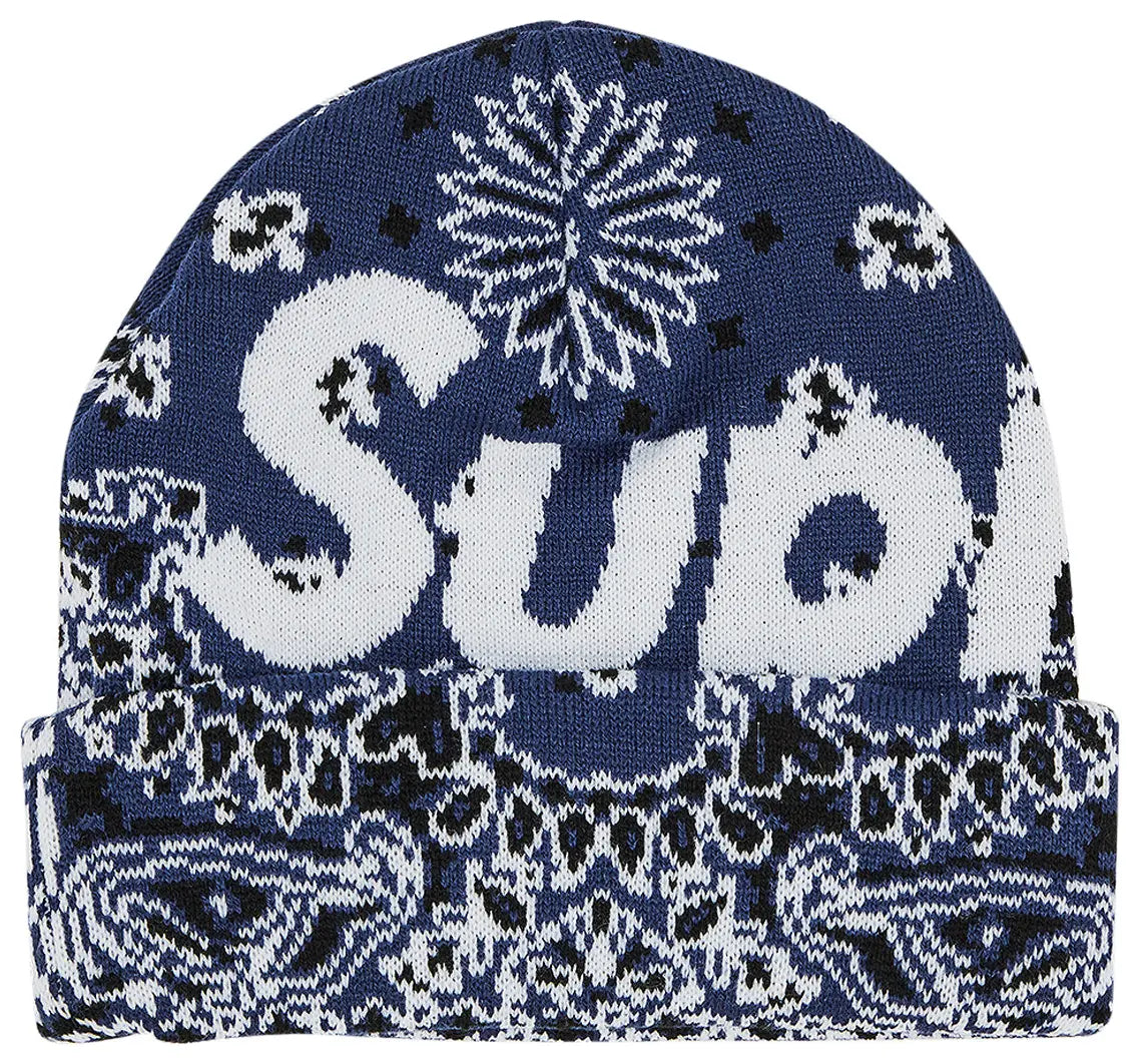 Supreme Bandana Big Logo Beanie Navy Blue