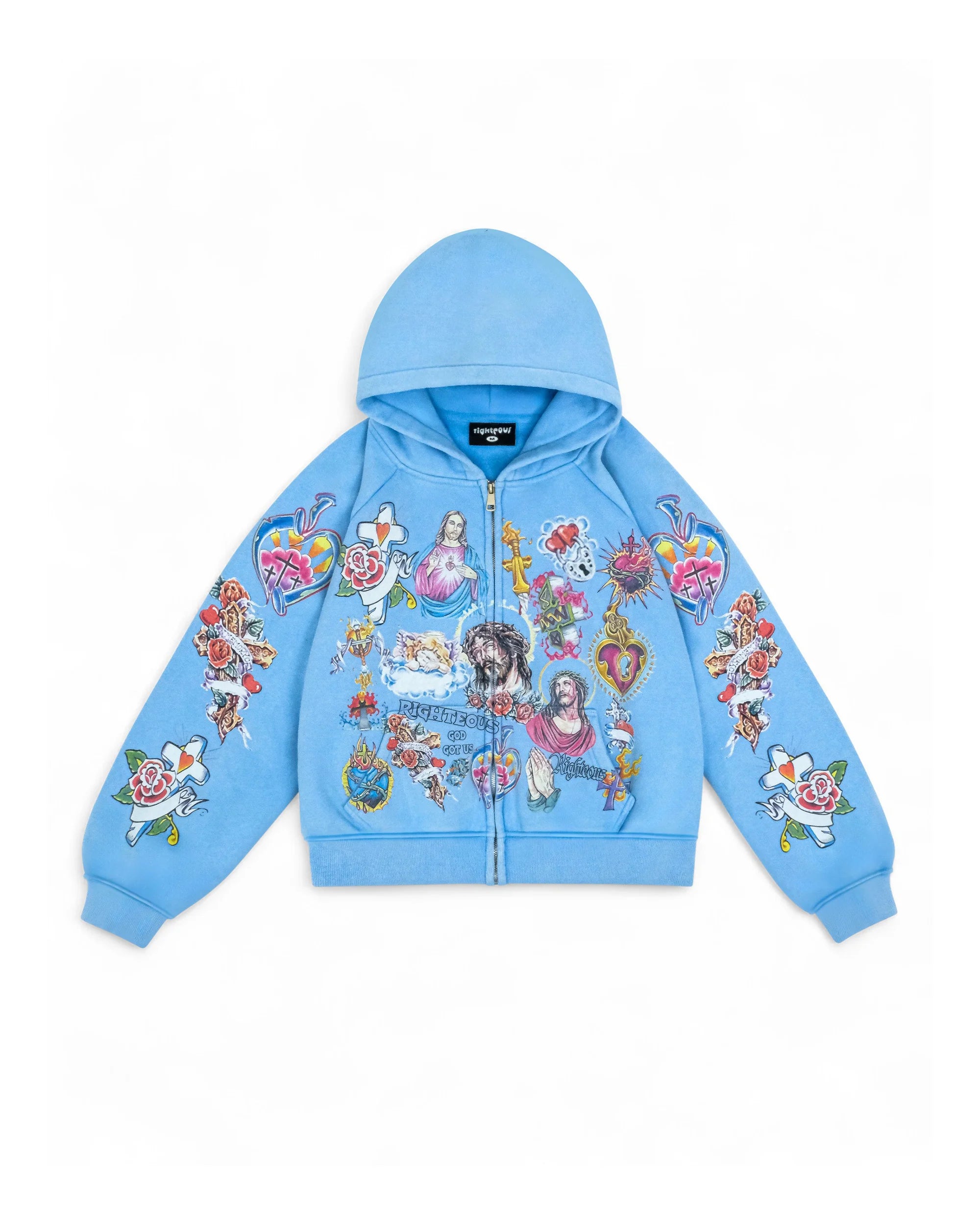 WE ARE RIGHTEOUS "RISEN KING" CROPPED BLUE ZIP-UP HOODIE