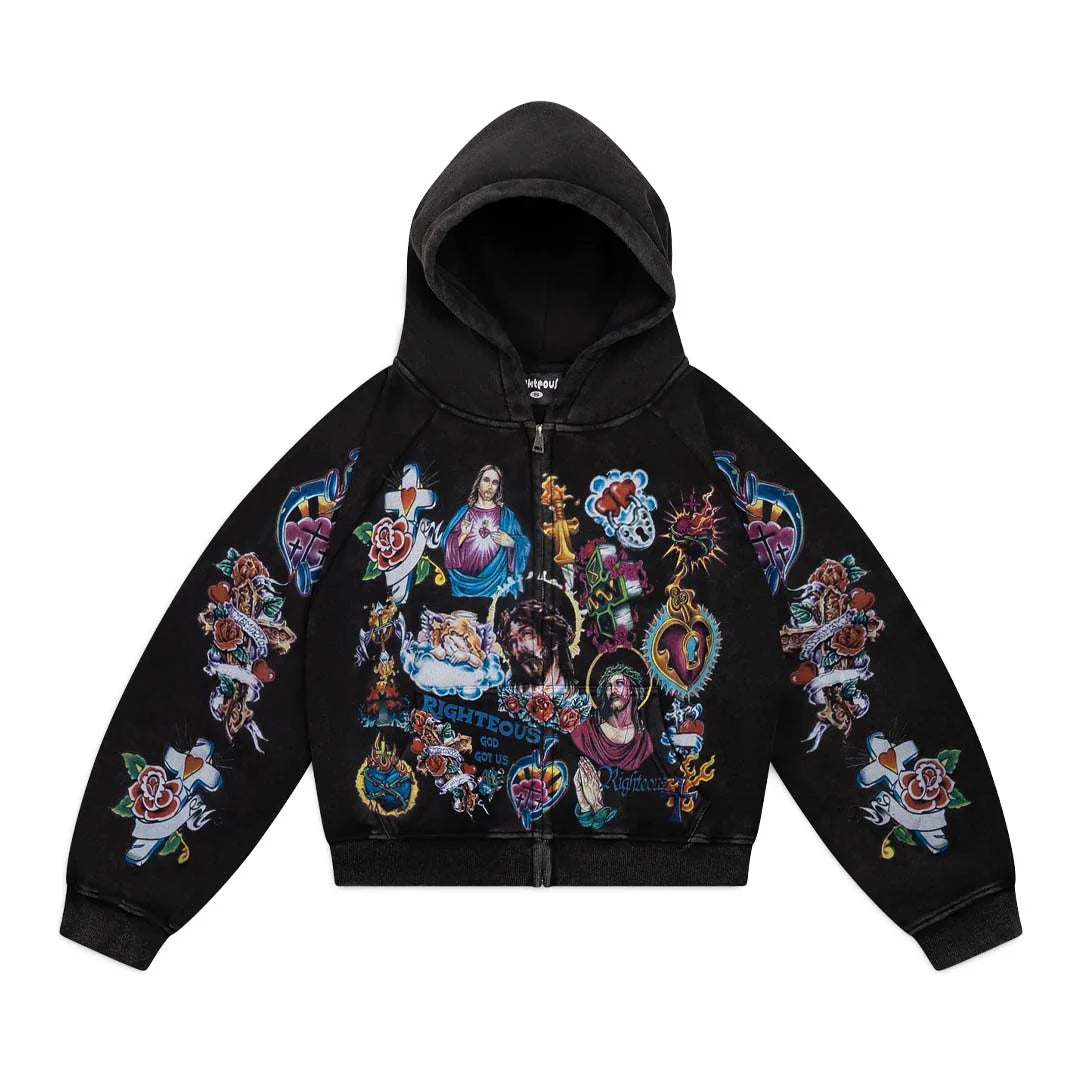 We Are Righteous "Risen King" Cropped Black Zip-Up Hoodie